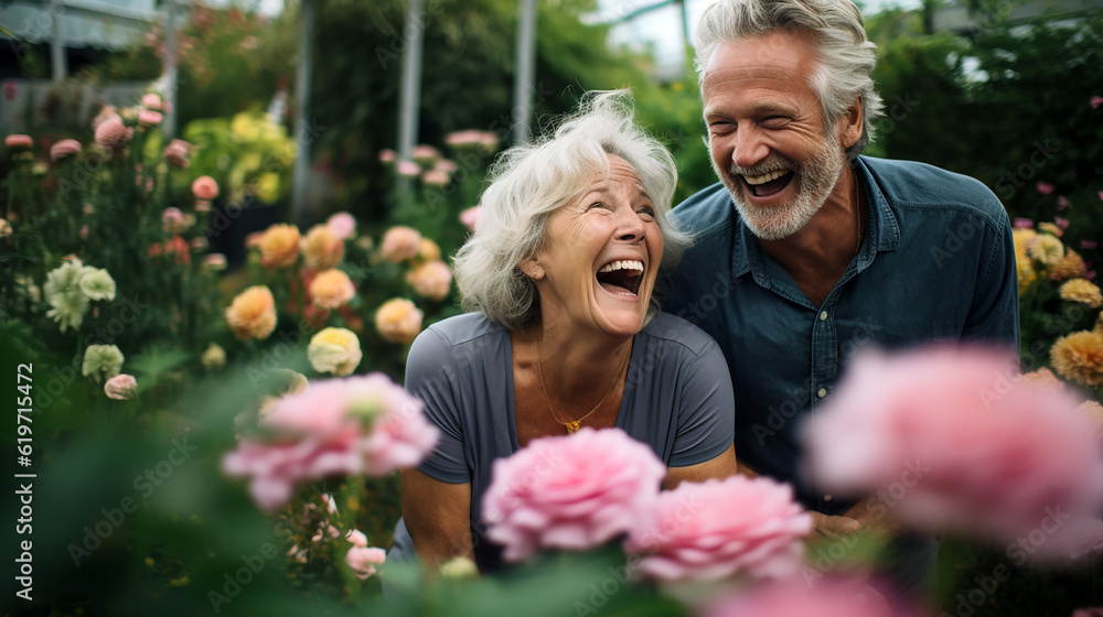 Happy mature couple having fun in the garden. Flower background, healthy retirement, fun and relaxing. Happy mature couple having fun in the garden. Flower background, healthy retirement, fun and relaxing.