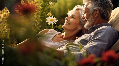 Happy mature laying in the gras. Flower background, healthy retirement, fun and relaxing. photo