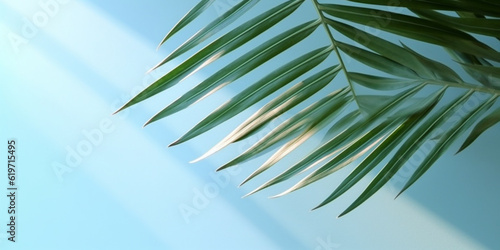 Blurred shadow from palm leaves on the light blue wall. Minimal abstract background for product presentation. Spring and summer