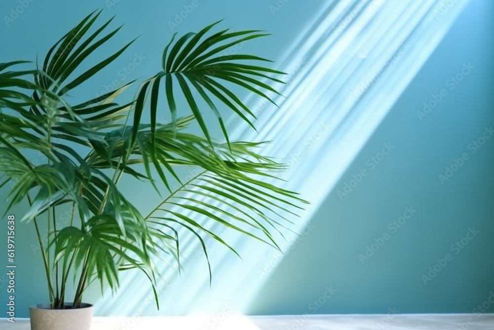 Blurred shadow from palm leaves on the light blue wall. Minimal abstract background for product presentation. Spring and summer Blurred shadow from palm leaves on the light blue wall. Minimal abstract background for product presentation. Spring and summer