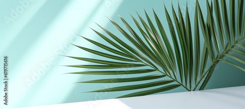 Blurred shadow from palm leaves on the light blue wall. Minimal abstract background for product presentation. Spring and summer