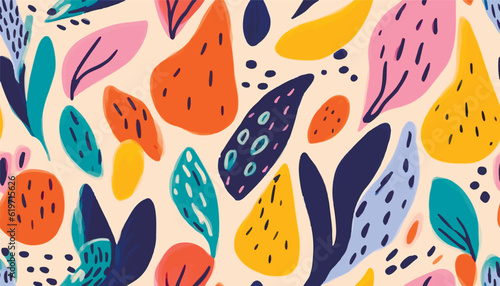 Hand drawn abstract artistic cute fruits pattern. Collage playful contemporary print. Fashionable template for design.