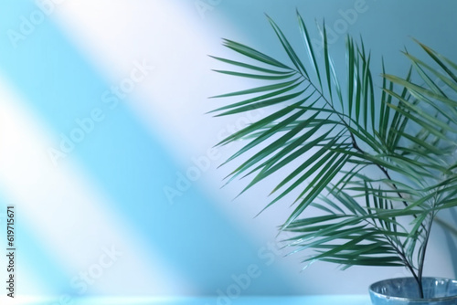 Blurred shadow from palm leaves on the light blue wall. Minimal abstract background for product presentation. Spring and summer