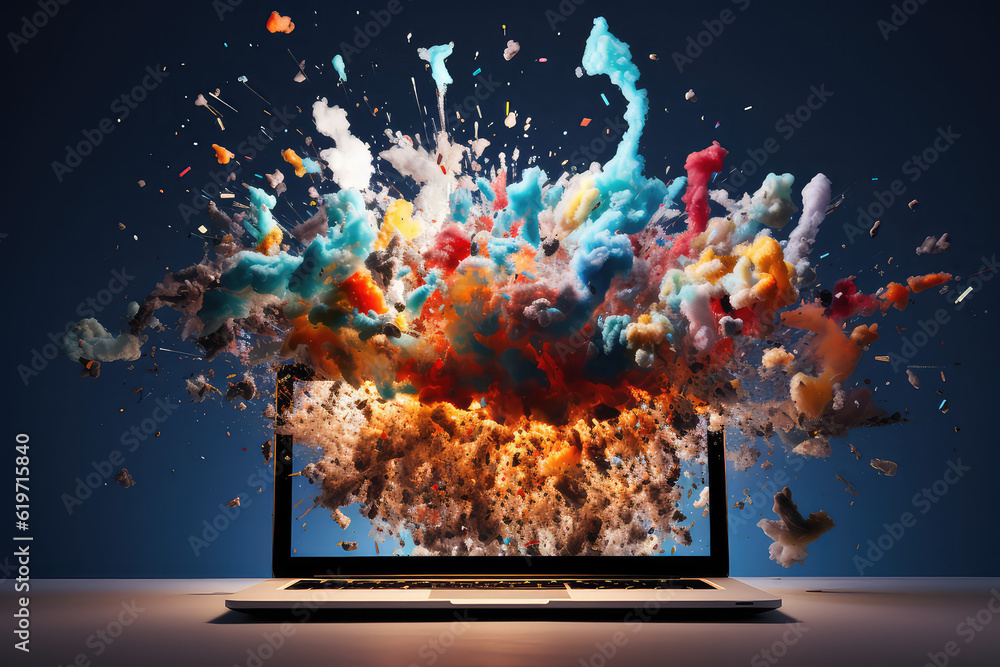 Broken computer front view on flat colored background. Exploding laptop screen, creative banner concept for tech repair shop, computer wizard. Generative AI 3d render illustration.