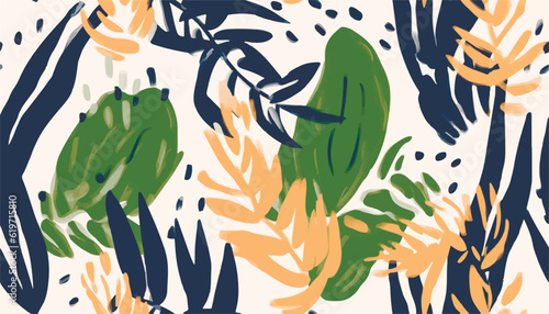 Hand drawn botanical abstract print. Modern collage seamless pattern. Fashionable template for design.