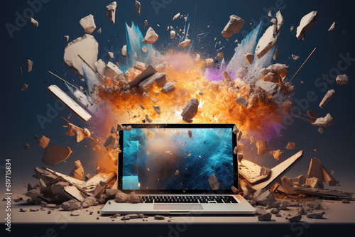 Broken computer front view on flat colored background. Exploding laptop screen, creative banner concept for tech repair shop, computer wizard. Generative AI 3d render illustration.