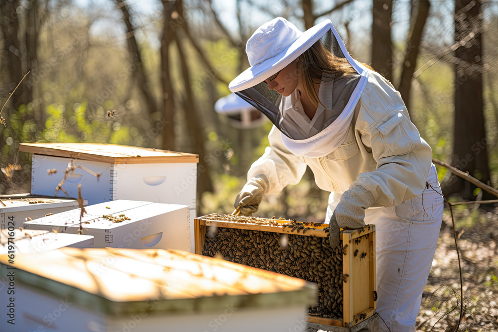 a female beekeeper collecting honey. Generative ai, a female beekeeper collecting honey. Generative ai,