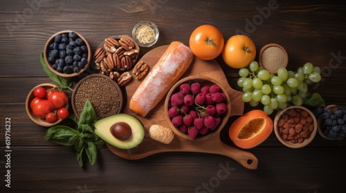  top view, Healthy food and balanced diet, on wood background