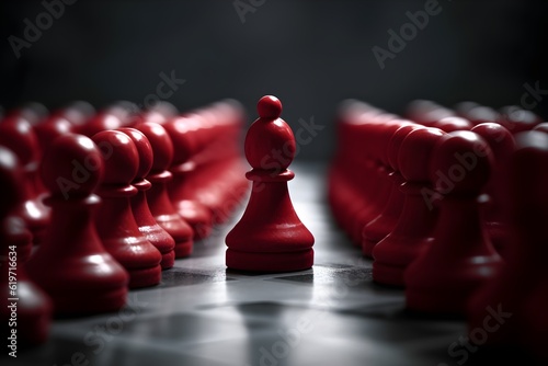 Fotobehang a red chess piece in front of many red pawns