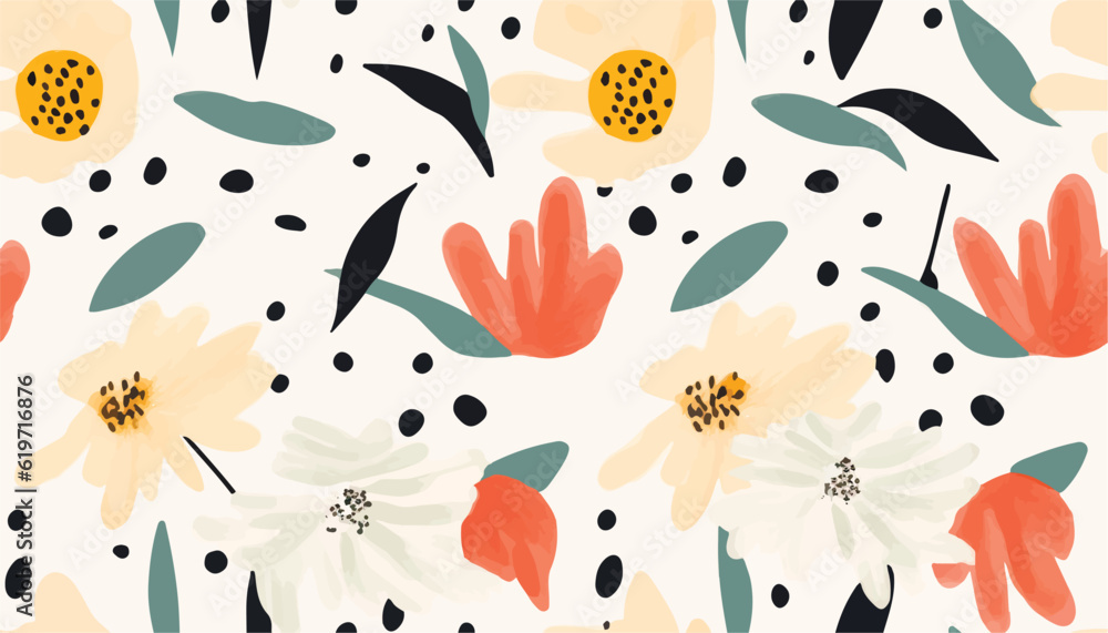 Hand drawn cute artistic flowers with dots print. Modern botanical pattern. Fashionable template for design. Hand drawn cute artistic flowers with dots print. Modern botanical pattern. Fashionable template for design.