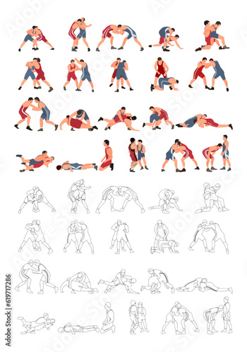 Set of wrestlers silhouettes. Image of greco roman wrestling, martial art, sportsmanship