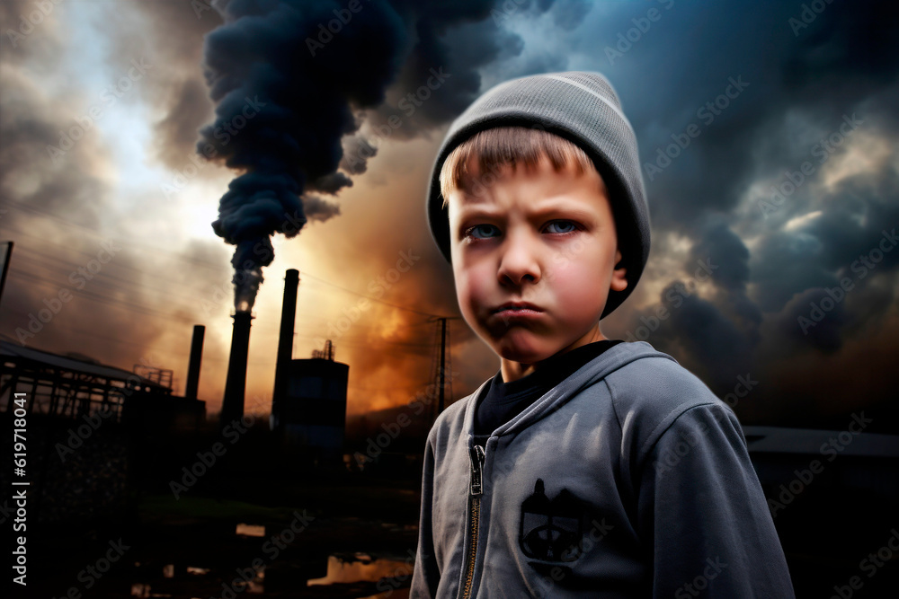kid in front of polluting factory