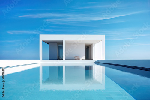 White building reflected in the azure waters of a swimming pool. Summer sky background. Minimalism style digital illustration. © Rixie