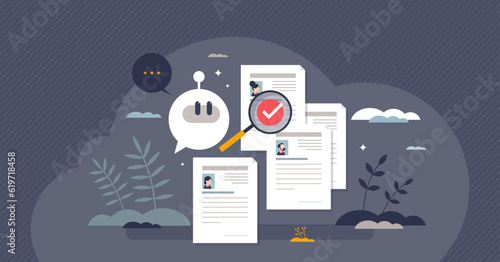 AI in recruitment and artificial intelligence usage in HR tiny person concept. Human resources automation and CV resume or application letter professional qualification check vector illustration.