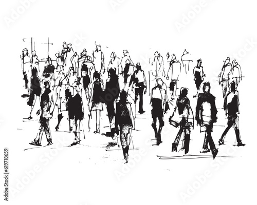 vector illustration: crowd of people walking along city street. Sketch made with marker and watercolor