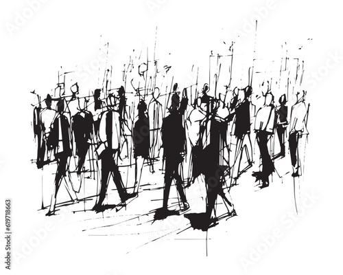 vector illustration: crowd of people walking along city street. Sketch made with marker and watercolor