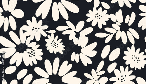 Hand drawn simple black and white abstract floral print. Trendy bright collage pattern. Fashionable template for design.