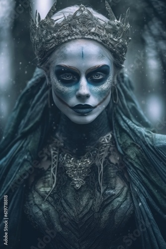 A norse scandinavian pagan goddess Hel with deadly makeup and a spooky crown on her head. Generative AI image.