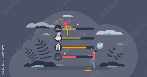 Gamified finances app to level up your money situation tiny person concept. Personal economy reports and fun motivation tool to reduce expenses vector illustration. Playing statistics application.