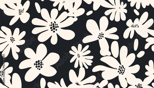 Hand drawn simple black and white abstract floral print. Trendy bright collage pattern. Fashionable template for design.