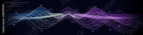 Abstract  background wavy poly  net with dots and lines on dark. Technology wireframe concept data waves grid  in virtual space. Banner for business, science and technology data analytics. Big Data.