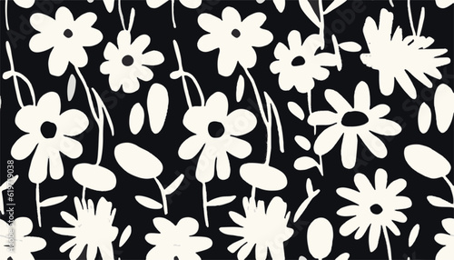 Hand drawn simple black and white abstract floral print. Trendy bright collage pattern. Fashionable template for design.