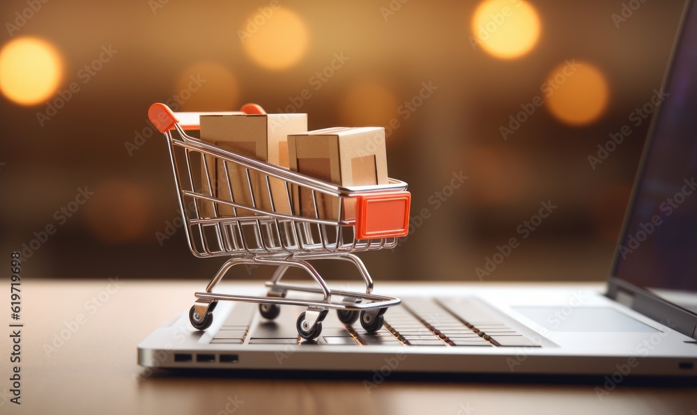 Online Shopping Concept, Shopping Cart on Laptop  Background. Generative Ai