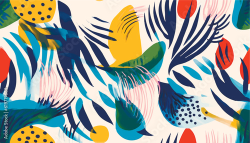 Modern abstract exotic floral pattern. Collage trendy seamless pattern. Hand drawn cartoon style illustration.
