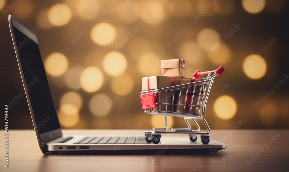 Online Shopping Concept, Shopping Cart on Laptop  Background. Generative Ai
