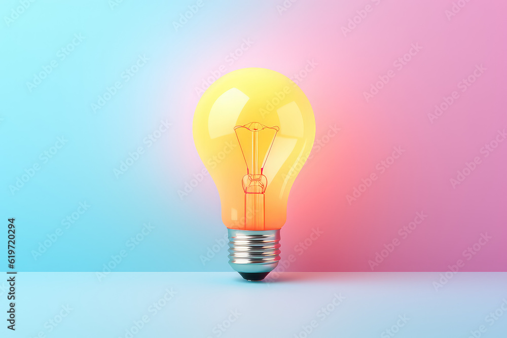 Creative concept of an idea. Glowing light bulb isolated on a pastel flat background with copy space for text. Light pastel blue, pink, yellow colors. Generative AI 3d render illustration. Creative concept of an idea. Glowing light bulb isolated on a pastel flat background with copy space for text. Light pastel blue, pink, yellow colors. Generative AI 3d render illustration.