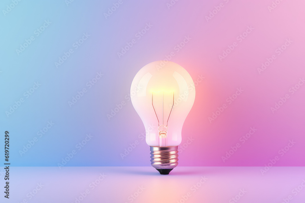 Creative concept of an idea. Glowing light bulb isolated on a pastel flat background with copy space for text. Light pastel gradient purple colors. Generative AI 3d render illustration. Creative concept of an idea. Glowing light bulb isolated on a pastel flat background with copy space for text. Light pastel gradient purple colors. Generative AI 3d render illustration.
