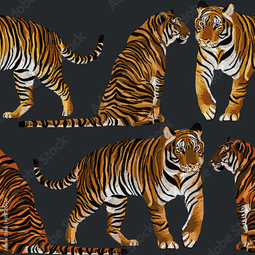 Animal Tiger Art Seamless Pattern. Animal wildlife illustration Background Wallpaper. Safari Wildlife. Sequin embroidery style print. Ornament for clothes, textiles and interior © Elli