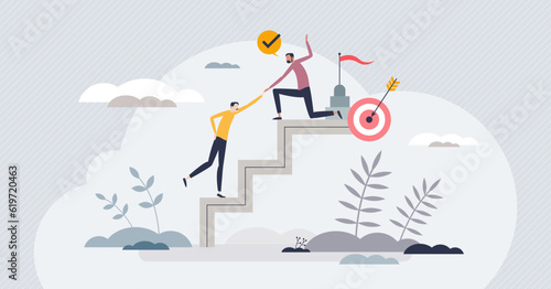 Power of mentoring and teacher strength for success tiny person concept. Help with motivation, development, growth and advices for effective development vector illustration. Partnership support reach