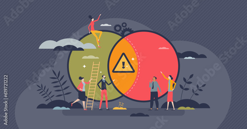 Conflict of interest as illegal personal benefit action tiny person concept. Unfair corporate or political situation with ethical frustration vector illustration. Two overlapping opinions and crisis.