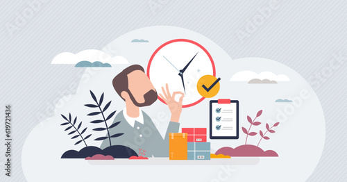 Just in time delivery or precise lean manufacturing tiny person concept. Effective logistic with high accuracy or reaction to demand vector illustration. Correct schedule for accurate and fast supply