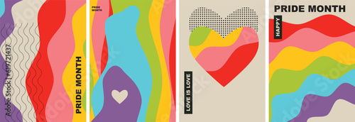 Happy Pride Month. Love is love. Rainbow flags, heart. Set of vector illustrations.