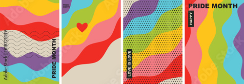 Happy Pride Month poster design template with rainbow flag backgrounds. Love is love concept. Perfect background for posters, cover art, flyer, banner, web. Simple flat vector illustration.