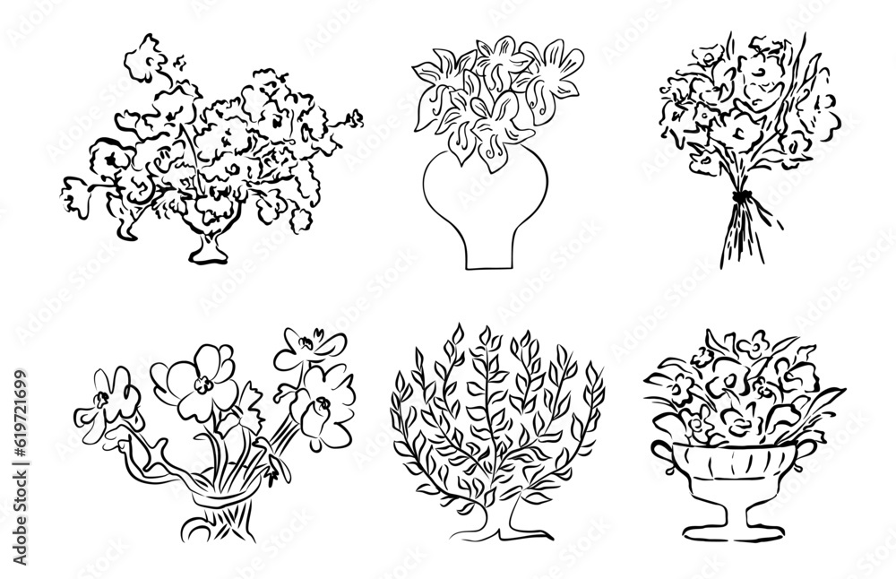 Set of abstract line art drawings, flowers in trendy Matisse inspired style. Contemporary art