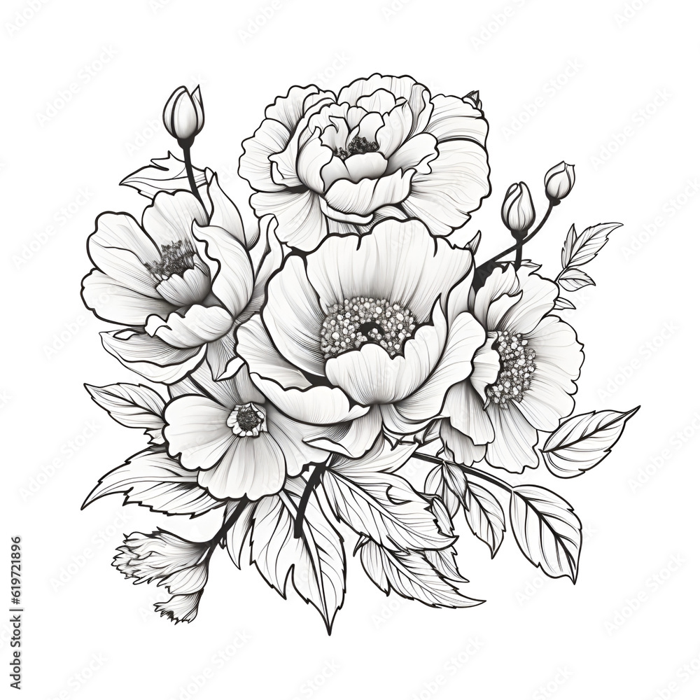 Black and white flowers, sketch, clipart