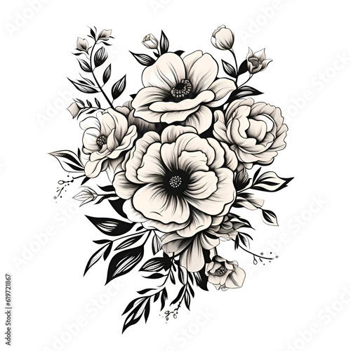 Black and white flowers, sketch, clipart