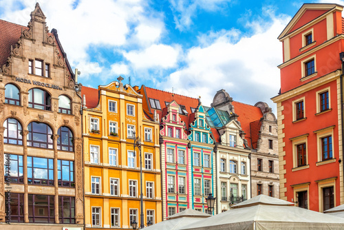 Colorful old historical tenement houses on market square in Wroclaw, Poland