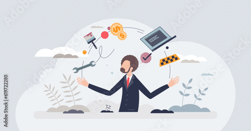 Gig economy and labor market for temporary jobs and tasks tiny person concept. Business with part time freelancers employees collaboration vector illustration. Work with flexibility and independence.
