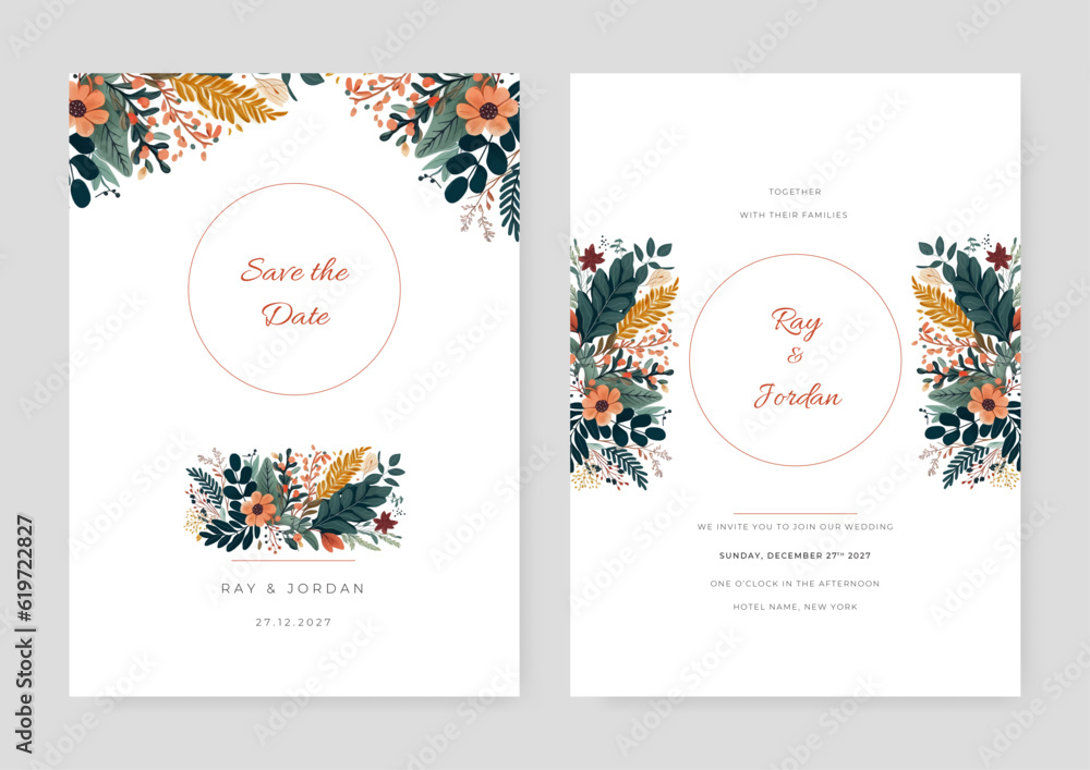 Floral wedding invitation template set with watercolor roses and leaves decoration. Botanic card design concept