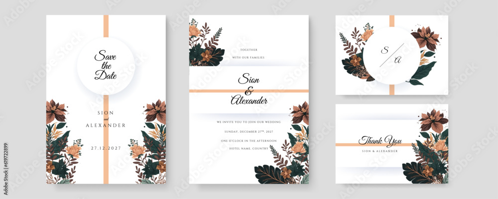 Dry floral wedding invitation card template design, with flowers and leaves. Template design with highly detailed, vector, realistic, spring flowers.