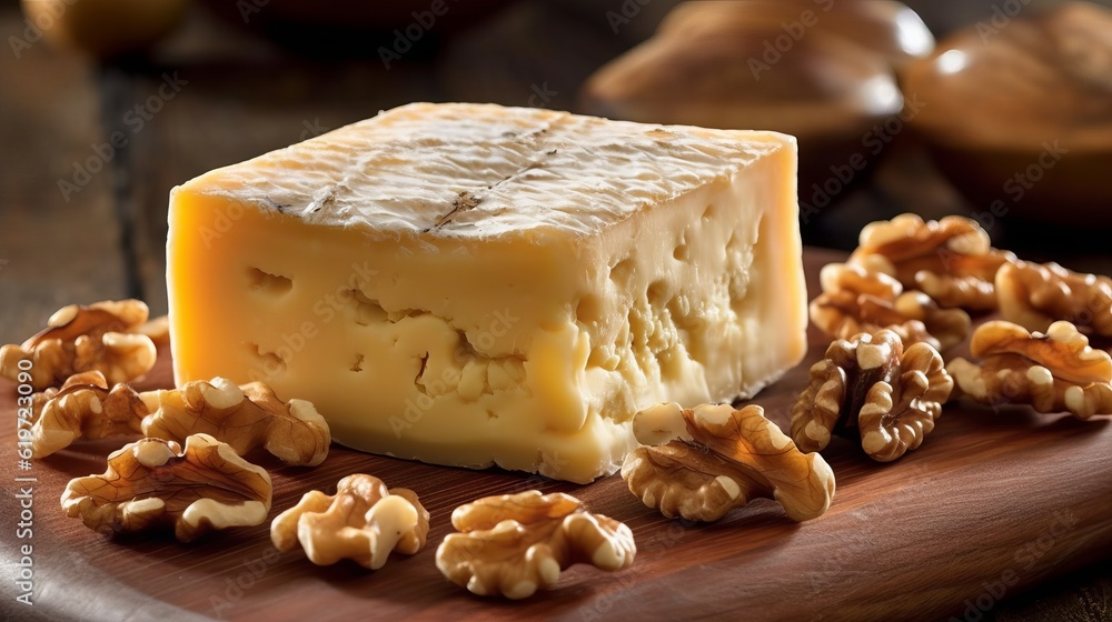 Hard cheese on a wooden board cut into bars. Fermented milk product, Production of cheese with nuts or lavender. Generative AI
