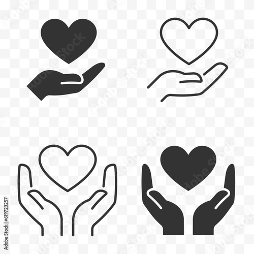 Hands holding heart icon. Charity and love shape in palms symbol.  Relationship sign. Easily editable line art on transparent background. Vector stock illustration.