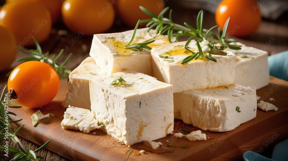 Hard cheese on a wooden board cut into bars. Fermented milk product, Production of cheese with nuts or lavender. Generative AI
Hard cheese on a wooden board cut into bars. Fermented milk product, Production of cheese with nuts or lavender. Generative AI