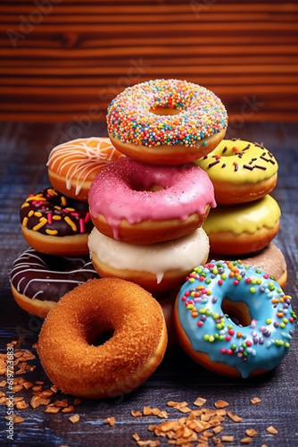 sweet round bagels with sprinkles
Assorted donuts with chocolate icing
