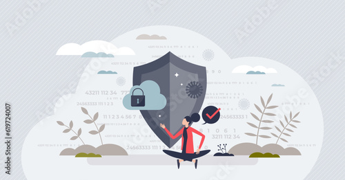 Data privacy and protection for safe private file storage tiny person concept. Information safety and network encryption as digital shield against attackers, hackers and crime vector illustration.
