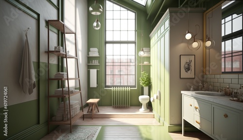 beautiful olive colored bathroom with large windows in an attic apartment